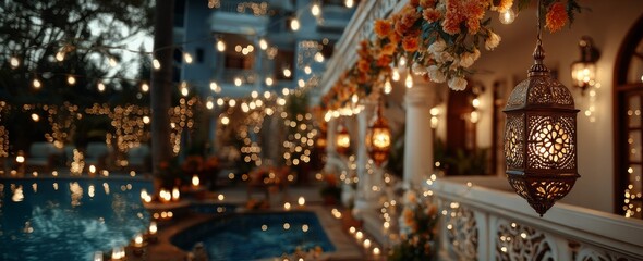 Beautifully decorated Indian courtyard for Diwali. Colorful lights and lanterns illuminate the space. Wide banner with copy space