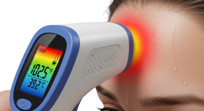 Close-up of infrared forehead thermometer measuring high fever on skin  isolated on a transparent background  