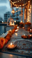 A beautifully decorated front porch for Diwali. Diyas illuminate the entrance, flowers and garlands. Warm festive atmosphere