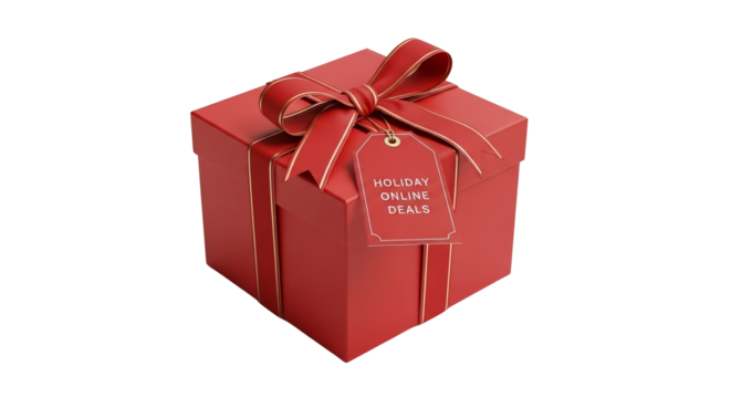 Red gift box with ribbon tied for Holiday Online Deals concept  isolated on a transparent background  