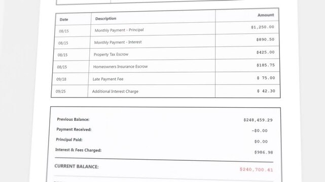 Mortgage statement with overdue payment notice and outstanding balance display