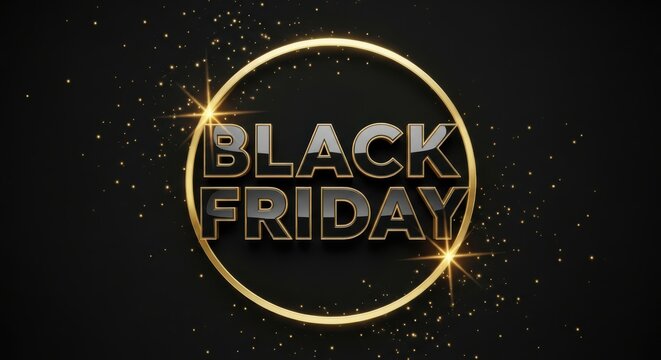 Black friday sale text with golden ring and sparkles on a dark background, representing a special offer and discount event - Powered by Adobe
