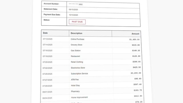 Past Due Credit Card Statement with Transaction History and Balance Display