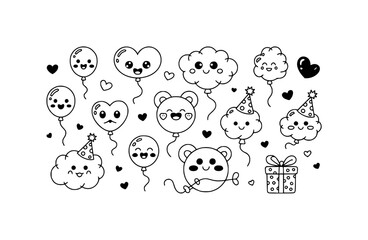 Adorable Kawaii Birthday Balloons, Clouds, Bears, and Gift Box Doodle Art