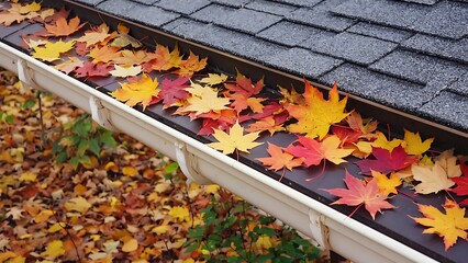 Clogged gutter filled with colorful autumn leaves, showing the need for cleaning and maintenance to prevent water damage to the roof