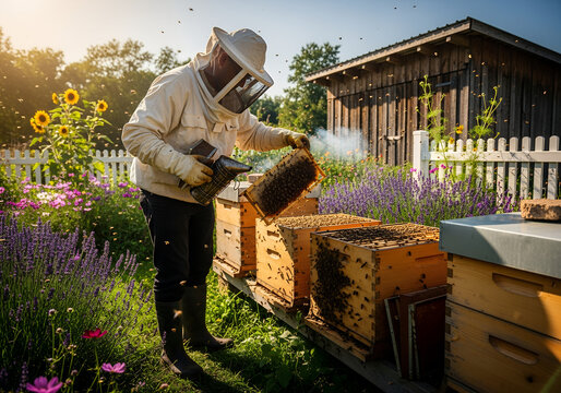 A beekeeper harvesting honey from hives in a garden, protective suit, sunny day.