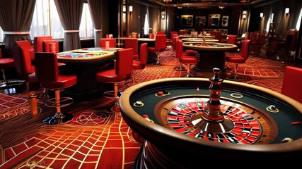 A highend luxury casino, featuring stunning roulette tables and vibrant decor. The Luxurious Interior boasts Elegant Design and Bright Lighting