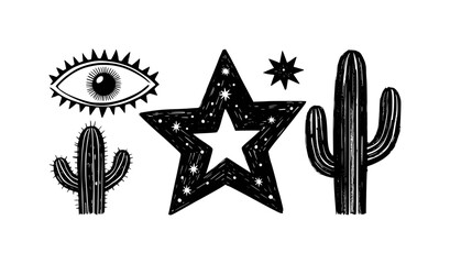 Black and White Desert Icons: Cactus, Eye, and Stars in Stylized Illustration