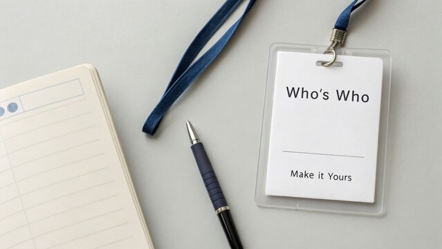 A blank name badge resting beside pen and notepad on desk - Powered by Adobe