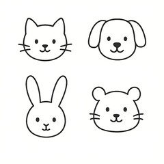 Charming hand drawn doodles of four adorable pet animal faces including a cat dog rabbit and mouse