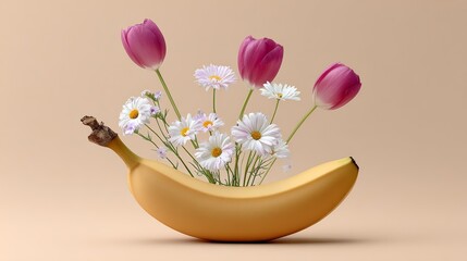 A banana is used as a vase for flowers, including daisies and tulips. The image has a whimsical and playful mood, as the banana is not a typical vase and the flowers are arranged in a creative way