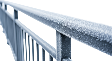 Metal bridge railing with frost in close-up on a transparent background  