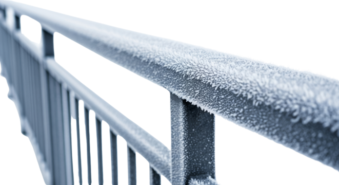 Metal bridge railing with frost in close-up on a transparent background  
