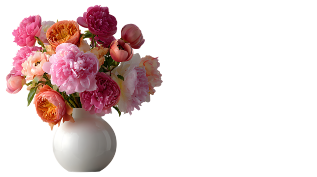Beautiful pink and orange peony flower bouquet arrangement in white vase on transparent background - Powered by Adobe