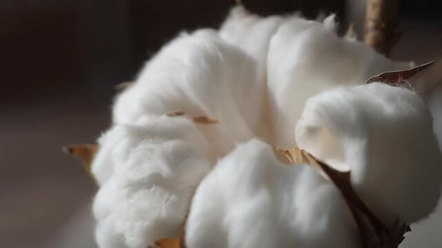 Close Up of Cotton Flower Head with Soft White Fibers and Brown Hues Against Muted Background Perfect for Natural Textile and Organic Product Promotion in Gentle Sunlight