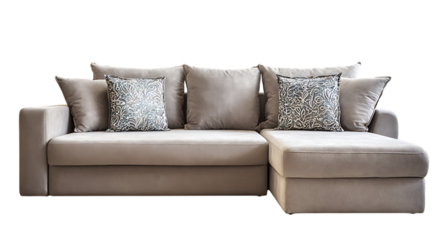 Beige sofa with pillows featuring floral pattern design on transparent background for designers - Powered by Adobe