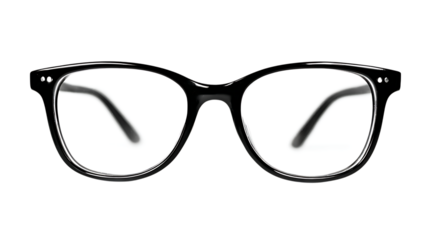Black plastic frame glasses eyewear closeup on transparent background fashion style optical clarity