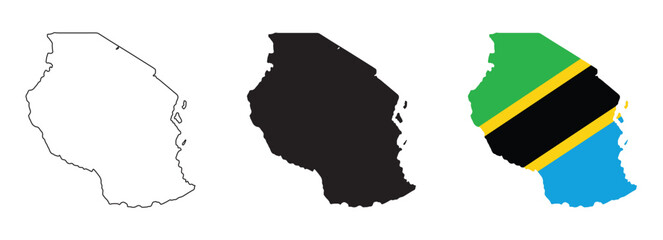 Tanzania map vector set with editable country outline black silhouette and national flag design featuring green yellow black and blue diagonal stripes isolated on white for geography