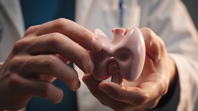 Close Up of Doctor's Hands Demonstrating Thyroid Anatomy Model in Bright Studio Lighting For Medical Study of Endocrine System and Patient Education in White Background and Clinic Ambiance