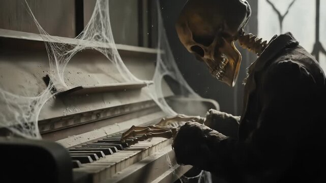 A skeletal figure dressed in tattered clothing sits at an old piano, its bony fingers poised over the keys, in a dimly lit room shrouded in cobwebs. Atmosphere of decay and haunting melody.