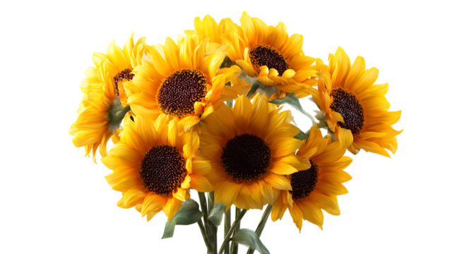 Bouquet of vibrant sunflowers isolated on transparent background, showcasing golden yellow petals and dark centers - Powered by Adobe