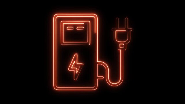 Dynamic electric vehicle charging station with glowing neon energy symbol and plug, representing modern clean transportation and future mobility.