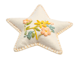 White felt star ornament with embroidered floral design and orange trim
