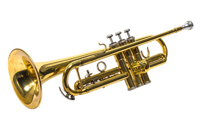 Obraz premium Shiny brass trumpet instrument isolated on black