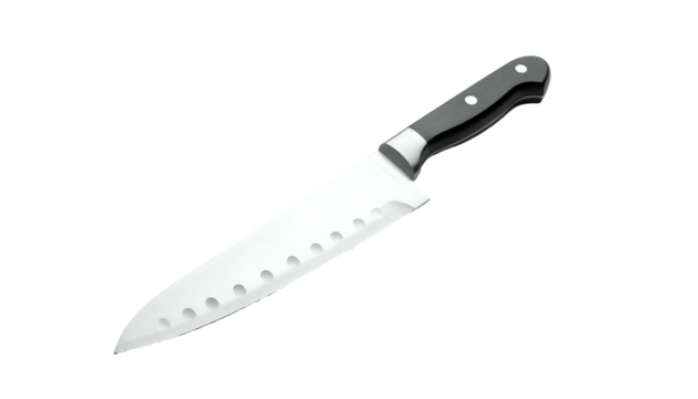 Steel chef's knife with black handle on a solid black background