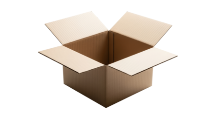 Open cardboard box with flaps on transparent background  