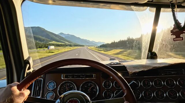 first-person view from truck cabin driving on American highway