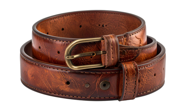 Curled brown leather belt with brass buckle and loop detail