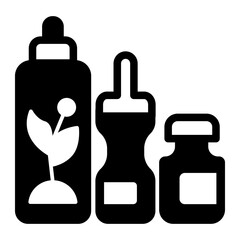 Cosmetics bundle solid icon, spa massage concept. Vector graphics. Cream, lotion and flower shampoo with aroma oil, bath sign on white background, style icon mobile or web design.