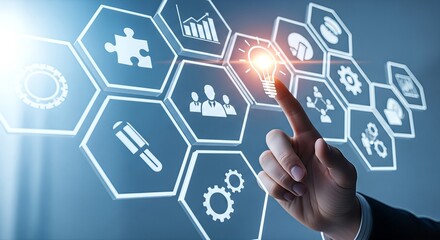 Businessman touching light bulb icon, innovative technology in science concept