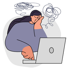 Headache woman, Stress, Memory trouble. Brain damage concept. Sad woman suffers from migraine, confusion, reduced function of brain and mind. Vector