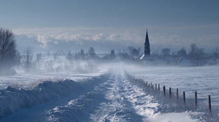A beautiful snowy landscape with a church steeple visible in the distance,