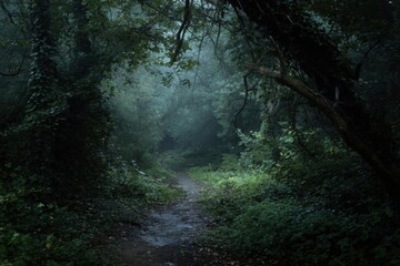 Mysterious winding path through a dark and misty enchanted forest at twilight.