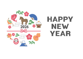 年賀状2026 　ウマと縁起物のイラスト　2026年 年賀状,イラスト,馬,干支,正月,縁起物, 和風デザイン,テンプレート,ポップ,かわいい,年賀2026