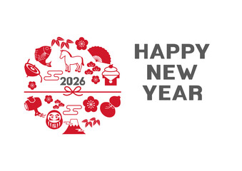 年賀状2026 　ウマと縁起物のイラスト　2026年 年賀状,イラスト,馬,干支,正月,縁起物, 和風デザイン,テンプレート,ポップ,かわいい,年賀2026