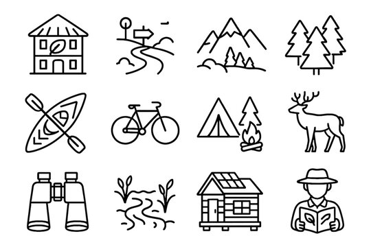 Mountain wildlife vector trip guide eco nature hiking cabin icon binoculars forest