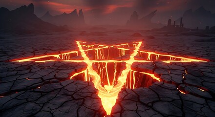Obraz premium A fiery pentagram cracks the earth in a desolate landscape under a dramatic, cloudy, red-tinged sky.