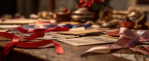 Artistic holiday card and ribbon arrangement for creative crafting inspiration