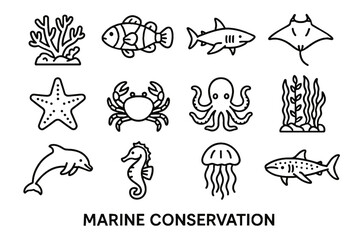 Naklejka premium Marine icon ray conservation clownfish vector reef icons forest crab octopus jellyfish