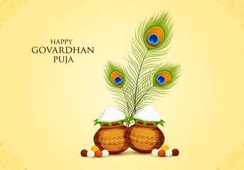Elegant Govardhan Puja greeting card with peacock feathers and decorated pots