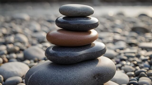 Close-up of a perfectly balanced stack of smooth zen meditation stones on a blurred pebble beach background symbolizing harmony stability and peace