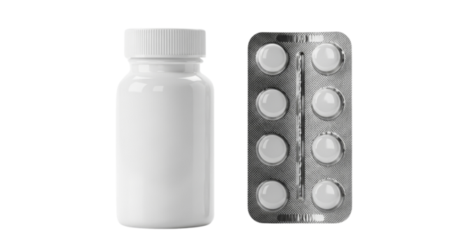 Medicine bottle and blister pack of white tablets close-up  isolated on a transparent background 