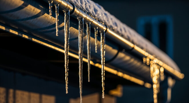 Ice buildup on house gutter symbolizing winter hazards and cold