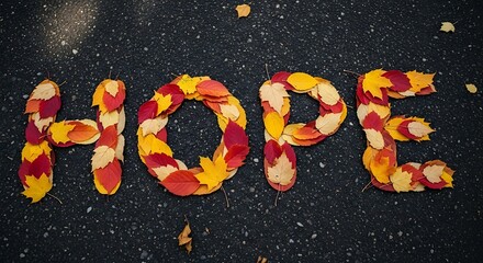 The word "HOPE" spelled out using colorful autumn leaves on a dark, textured surface, symbolizing optimism and resilience.