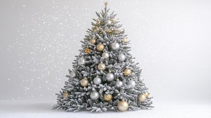 Silver Christmas tree decorated with gold and silver baubles and star on top, surrounded by falling snowflakes creating festive and joyful winter holiday atmosphere