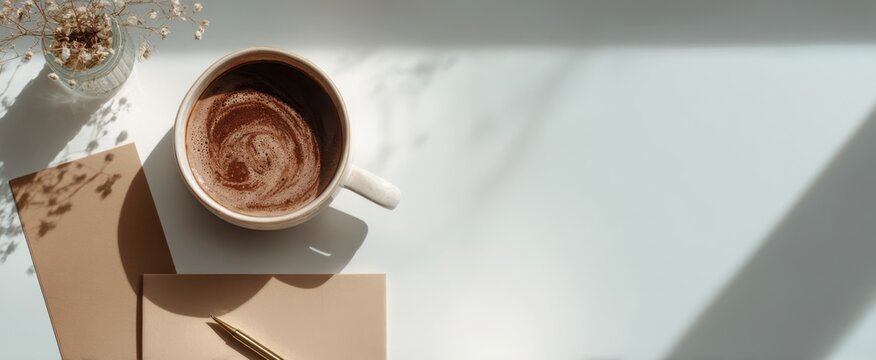 Cozy morning coffee scene with notebook and pen in soft sunlight for creative inspiration,National Letter Writing Day - Powered by Adobe